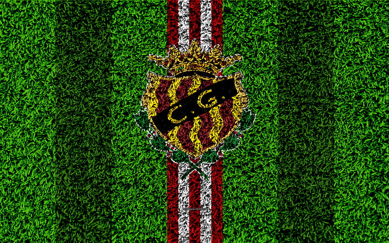 Gimnastic FC, logo football lawn, Spanish football club, LaLiga2, red white lines, grass texture, Segunda, Division B, Tarragona, Spain, football, Gimnastic de Tarragona, HD wallpaper