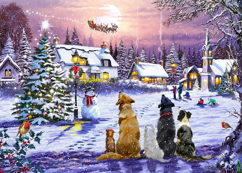 Christmas eve, fun, joy, eve, tree, santa, ride, village, evening, animals, dogs, night, sleigh, Christmas, flight, reindeers, art, houses, winter, snow, HD wallpaper