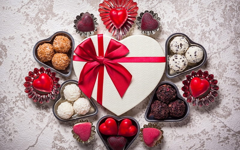 Happy Valentine's Day!, red, candy, food, chocolate, box, bow, valentine, gift, sweet, dessert, heart, white, HD wallpaper