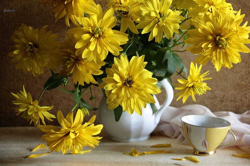 still life, pretty, autumn, chrysanthemum, yellow, bonito, old, tea, graphy, nice, flowers, drink, beauty, harmony, amazing, lovely, soft, delicate, elegantly, cool, bouquet, coffee, cup, flower, chrysanthemums, scarf, petals, great, kettle, HD wallpaper