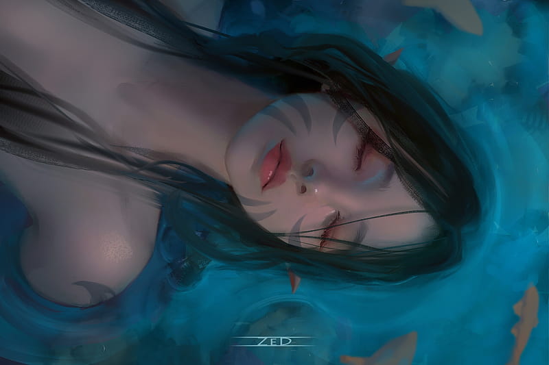 Mermaid, fantasy, art, face, zed, siren, z ed, blue, girl, zedart, trungbui42, HD wallpaper