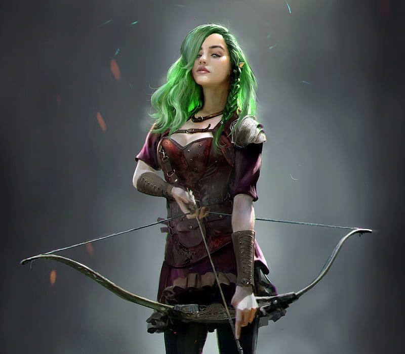 Elf girl archer, art, fantasy, frumusete, green, girl, henrique dld, elf, archer, luminos, HD wallpaper