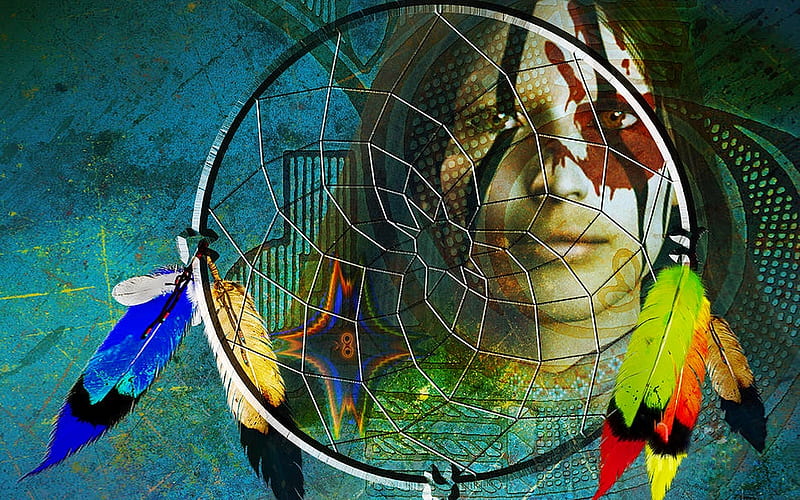 The Dream Catcher, dream catcher, colors, face, digital art, Native Indian, feathers, HD wallpaper