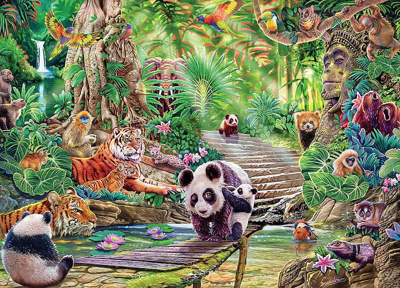 Asian Wildlife, monkeys, tigers, parrots, toucan, pandas, stairs, waterlilies, artwork, pond, duck, plants, digital, HD wallpaper