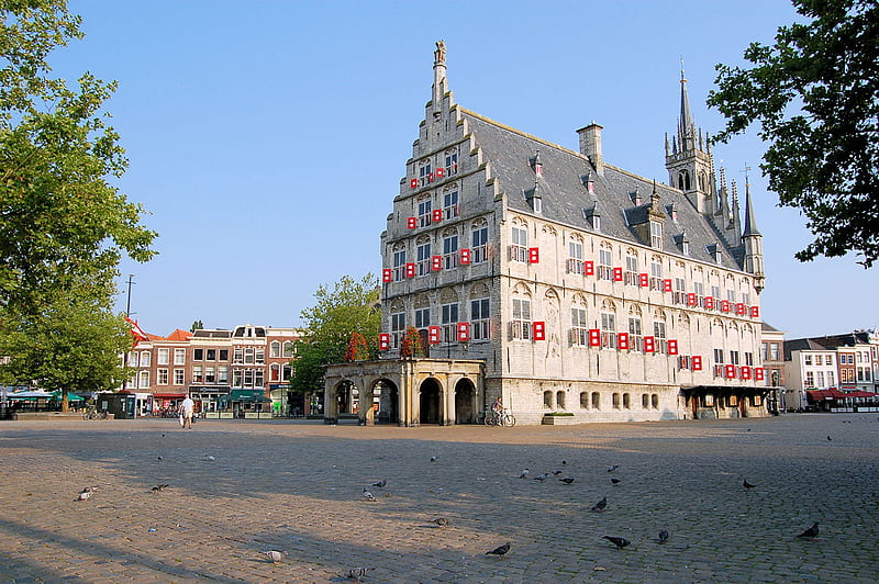 Townhall Gouda back and side, ornaments, window shutters, little towers, medieval, townhall, HD wallpaper