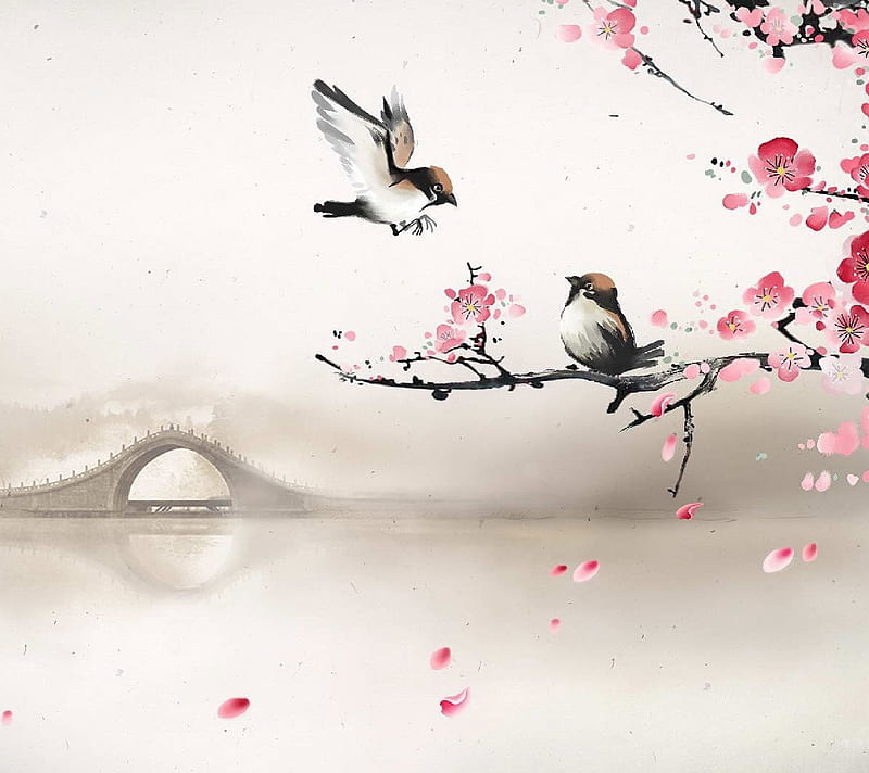 Oriental, birds, china, gtree, japanees, petal, white, xl, HD wallpaper