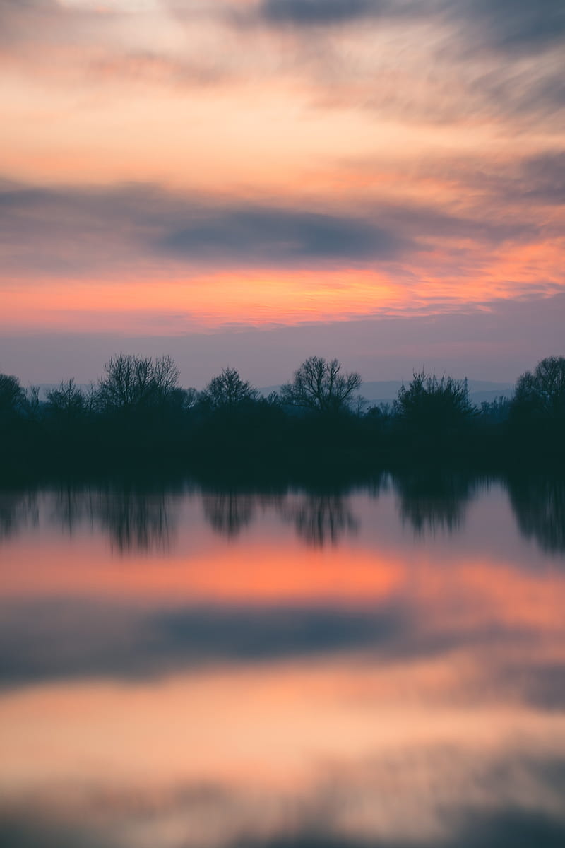trees, river, sunset, horizon, reflection, HD phone wallpaper