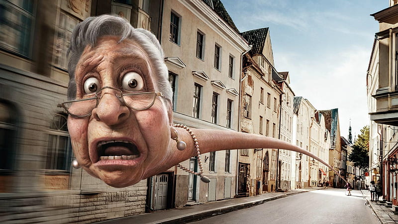 Scared Granny, old woman, glasses, fantasy, city, car, granny, commercial, face, mercedes, jewel, street, luminos, scared, creative, mood, situation, add, funny, eyes, HD wallpaper
