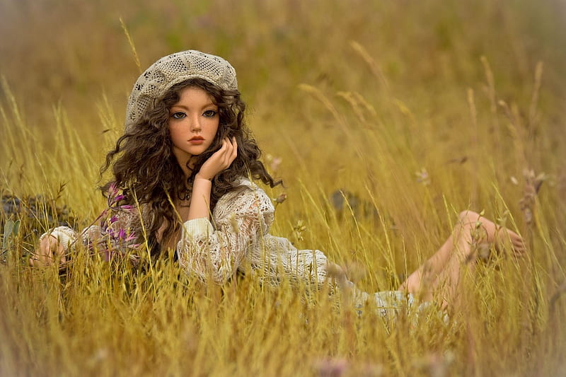 Doll, girl, papusa, summer, yellow, field, hat, HD wallpaper