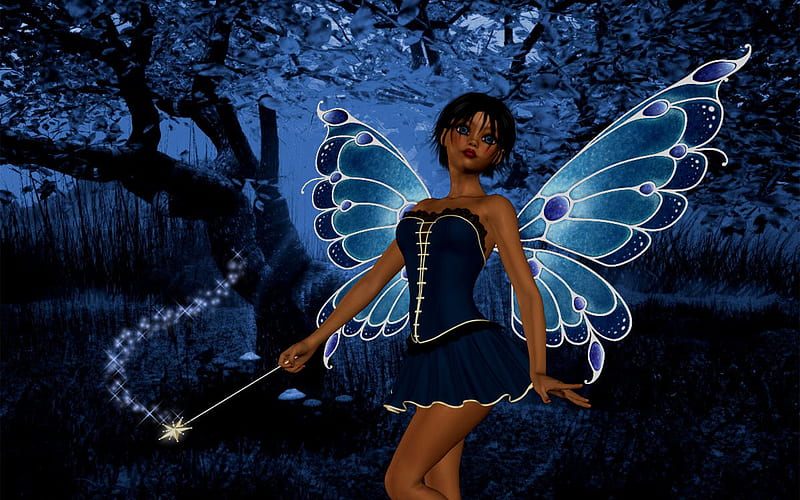 gorgeous fairy, wings, butterfly, blue, wond, HD wallpaper