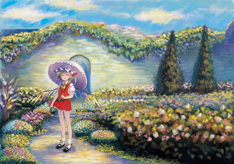 What A Lovely Garden, wings, skirt, umbrella, flandre scarlet, sky, clouds, hat, anime, touhou, flowers, garden, HD wallpaper