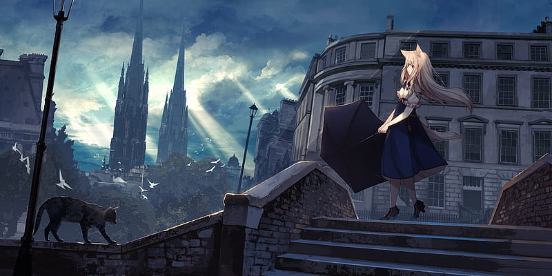 anime girl, animal ears, cat, walking, fantasy world, buildings, umbrella, stairs, Anime, HD wallpaper