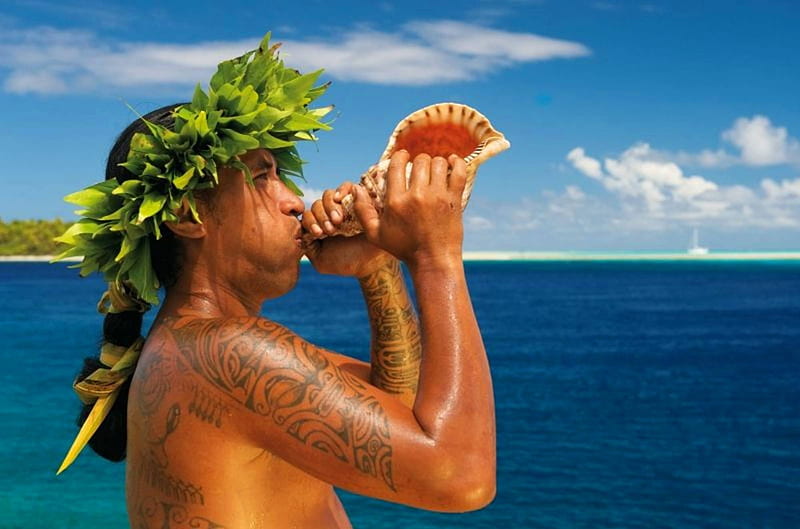 Tahitian Polynesian Man blows conch shell, blows, polynesia, Tahitian, sea, atoll, beach, lagoon, bora bora, sand, tribal, polynesian, maori, south pacific, exotic, blow, holiday, ocean, hawaii, tattoo, man, conch, new zealand, paradise, shell, island, tahiti, tropical, HD wallpaper