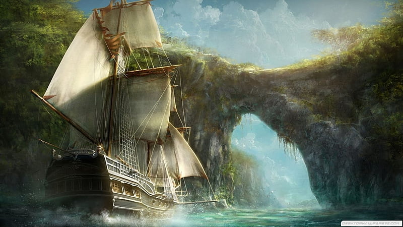 Ship Through, BRIDGE, SHIP, ROCK, SAIL, OCEAN, PAINTING, HD wallpaper