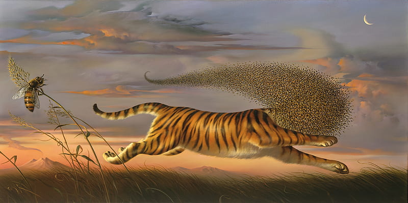 Beeing a Tiger by Vladimir Kush, bee, tiger, surrealism, vladimirkush, HD wallpaper