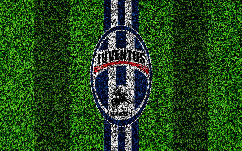 FC Juventus Bucuresti logo, football lawn, Romanian football club, blue white lines, grass texture, emblem, Liga I, Bucharest, Romania, football, HD wallpaper