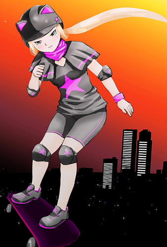 Skyline Anime Girl Skateboard, anime-girl, anime, artist, artwork,  digital-art, HD wallpaper