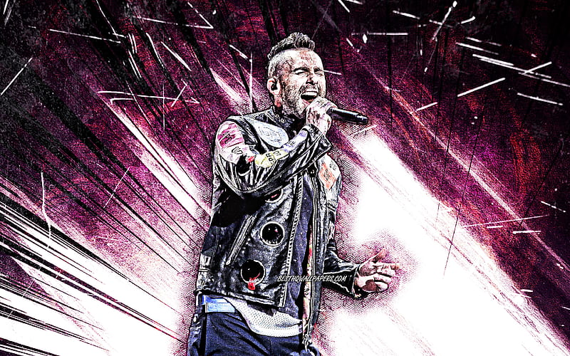 Adam Levine, grunge art, concert, Maroon 5, american singer, music stars, creative, Adam Noah Levine, american celebrity, superstars, Adam Levine with microphone, purple abstract rays, Adam Levine, HD wallpaper