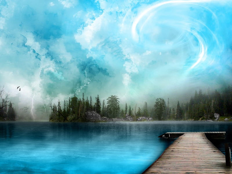 Blue skylight Dock, dock, cloud swirl, oil paint style, hop, lake, HD wallpaper