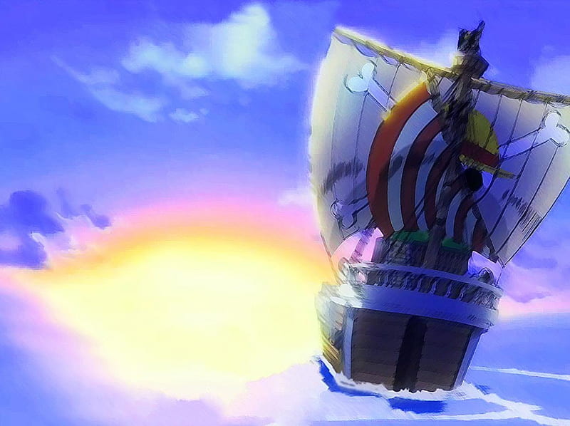 Sailing the Blue Seas, horizon, sun, ocean, sailing, sky, one piece, sea, boat, water, ship, anime, HD wallpaper