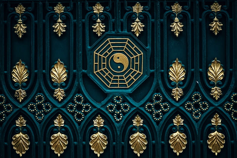 Portal Ornaments, Asia, Portal, Yingyang, Blue, Door, Ornaments, Gold, HD wallpaper