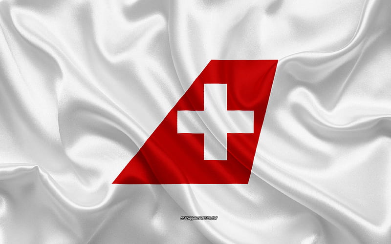 Swiss International Air Lines logo, airline, white silk texture, airline logos, Swiss International Air Lines emblem, silk background, silk flag, Swiss International Air Lines, HD wallpaper