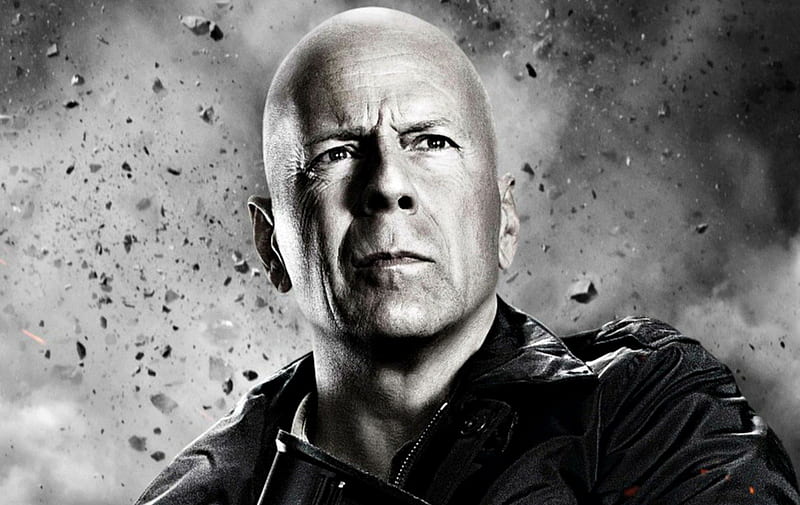 Bruce Willis as Church, poster, The Expendables 2, movie, Bruce Willis, black, man, Church, white, actor, HD wallpaper