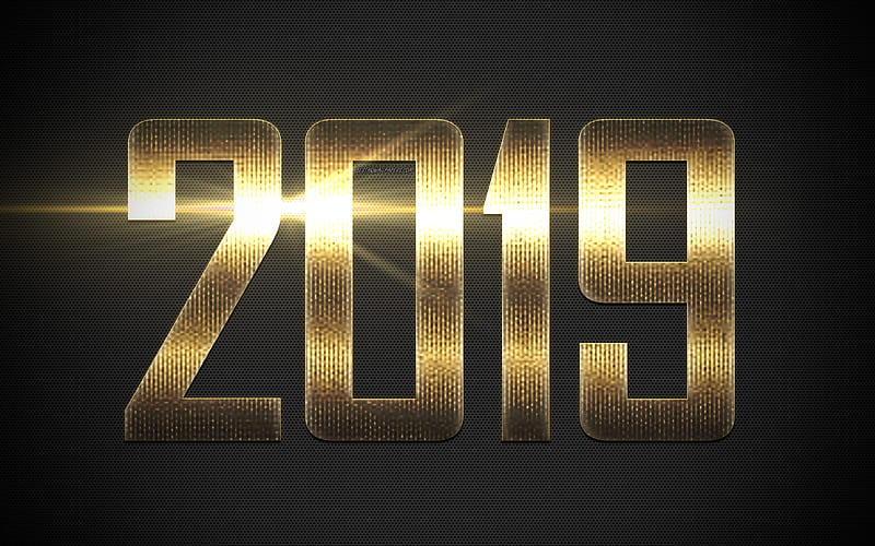 New 2019 Year 2019, gray metallic background, Happy New Year, golden letters, inscription, 2019 concepts, creative art, 2019 year, HD wallpaper