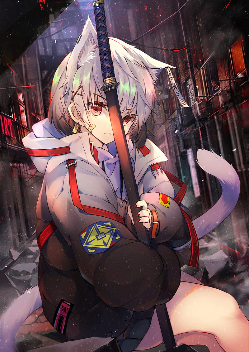 Anime Girl White Hair Katana Fantasy Wallpaper iPhone Phone 4K #1380f