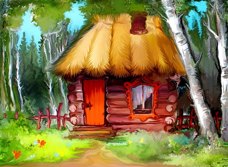 House in forest, pretty, colorful, house, grass, cottage, birch, cabin, fairytale, bonito, nice, fantasy, painting, path, forest, lovely, trees, drawing, summer, HD wallpaper