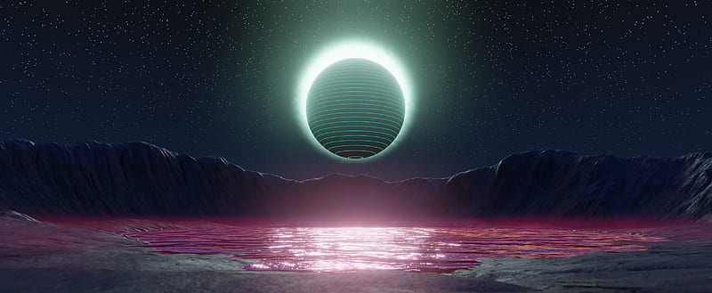 Eclipse SciFi Ultra, Music, Lake, Water, Mountains, Crater, Eclipse, scifi, retrowave, synthwave, outrun, vaporwave, HD wallpaper