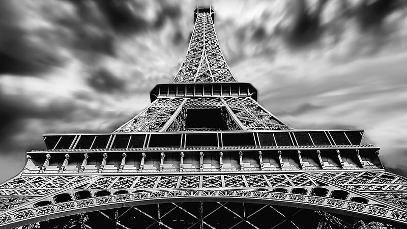 Black And White Upward View Of Paris Eiffel Tower With Shallow Background Of Clouds Travel, HD wallpaper