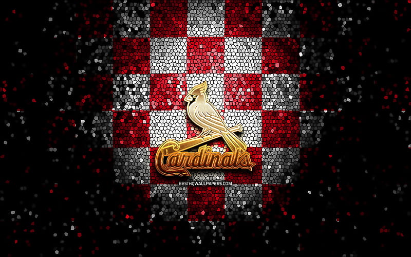 St Louis Cardinals, glitter logo, MLB, red white checkered background, USA, american baseball team, Baltimore St Louis Cardinals logo, mosaic art, baseball, America, HD wallpaper