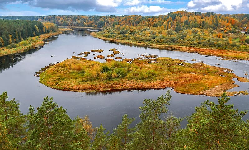 Daugava River, Latvia, Daugava, island, river, Latvia, autumn, panorama, HD wallpaper