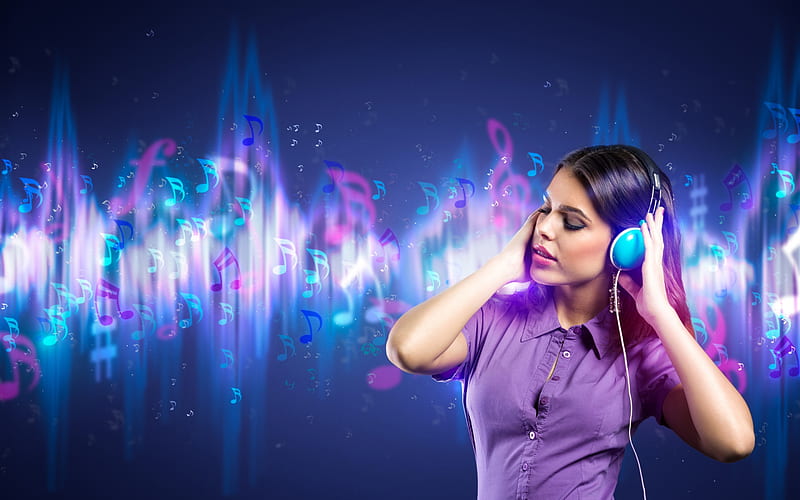 Listening to music, purple, girl, model, music, headphones, woman, blue, HD wallpaper