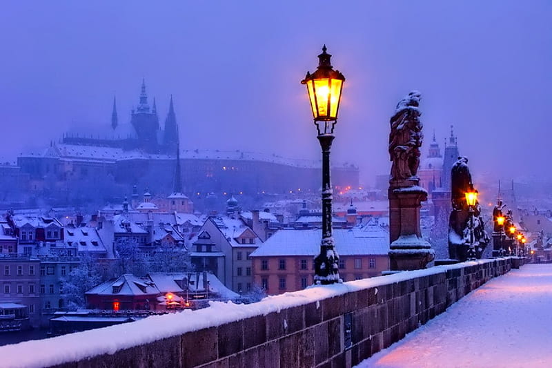 Prague - bridge - winter, wonderful, sun, bonito, cold, graphy, splendor, lovely, sky, trees, winter, tree, snowflake, snow, snowflakes, ice, nature, HD wallpaper
