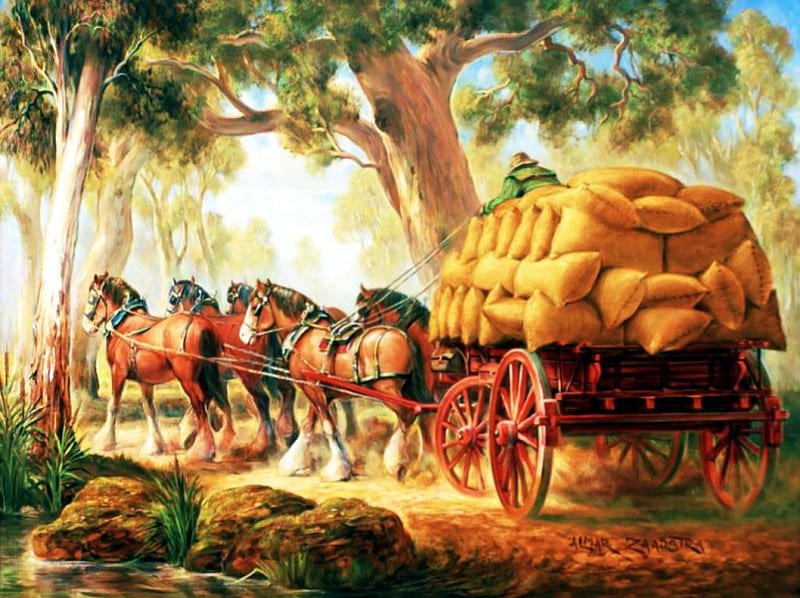 Harvest Time, countryside, bags, painting, cart, trees, artwork, horses, HD wallpaper