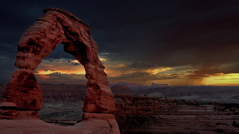 Rock arch in canyon under storm clouds, rocks, arch, clouds, canyon ...