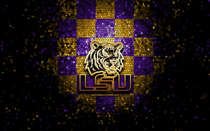 LSU Tigers, glitter logo, NCAA, violet yellow checkered background, USA, american football team, LSU Tigers logo, mosaic art, american football, America, Louisiana State University, HD wallpaper