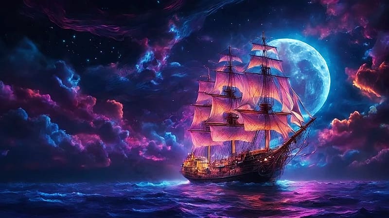 Pirate Ship In The Ocean, moon, sailing, digital, sea, night, ai, art, HD wallpaper
