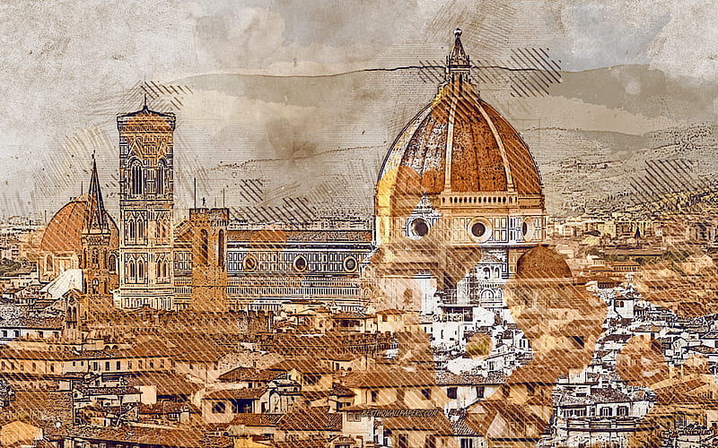 Florence Cathedral, Florence, Italy, grunge art, creative art, painted Florence Cathedral, drawing, Florence Cathedral abstraction, digital art, painted Florence, Cathedral of Saint Mary of the Flower, HD wallpaper