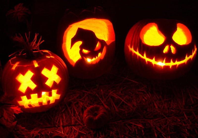 Halloweenies, faces, jack o lantern, scary, lights, pumpkins, night, HD wallpaper