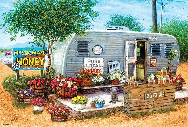 Honey For Sale, dog, artwork, caravan, shop, sales, painting, flowers, tree, HD wallpaper