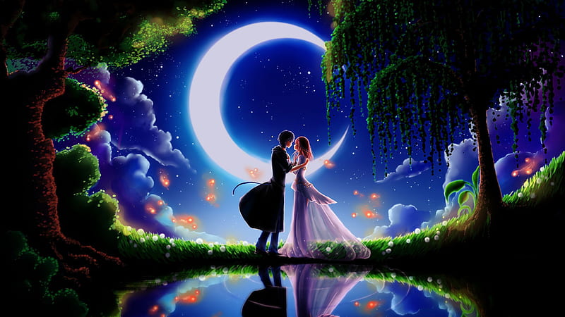 Animation Of Couple With Background Of Stars And Moon I Love, HD wallpaper  | Peakpx
