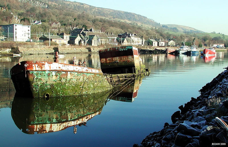 boat graveyard, water, boat, sunk, calm, HD wallpaper