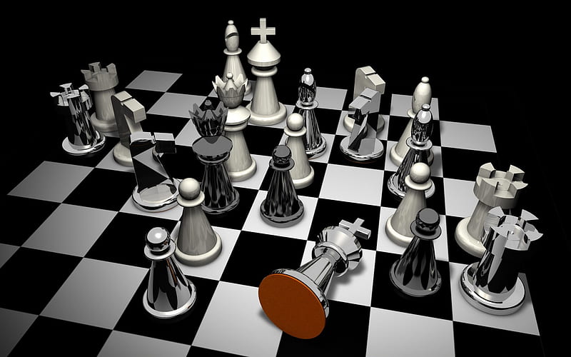 Chess board with chess, Black background, 3d chess, 3d chess black and  white pieces, HD wallpaper