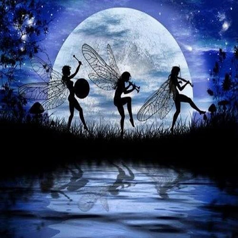 Faery Dance, fairy, moon, moonlight, night, pagan, sky, wiccan, HD phone wallpaper