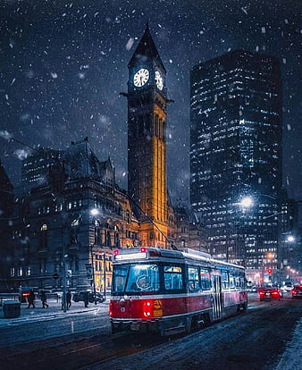 Toronto Ontario, buildings, bus, canada, night, stars, towers, HD phone wallpaper