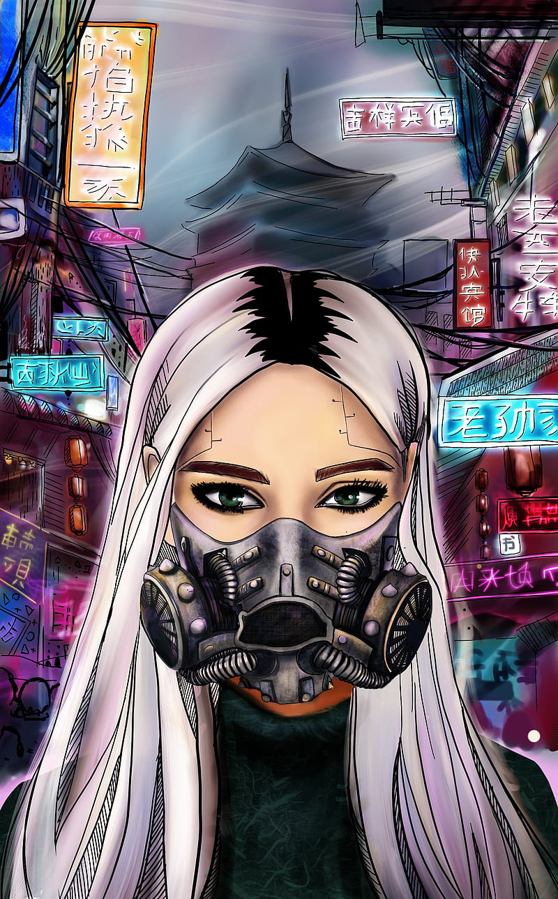girl, respirator, cyberpunk, mask, art, HD phone wallpaper
