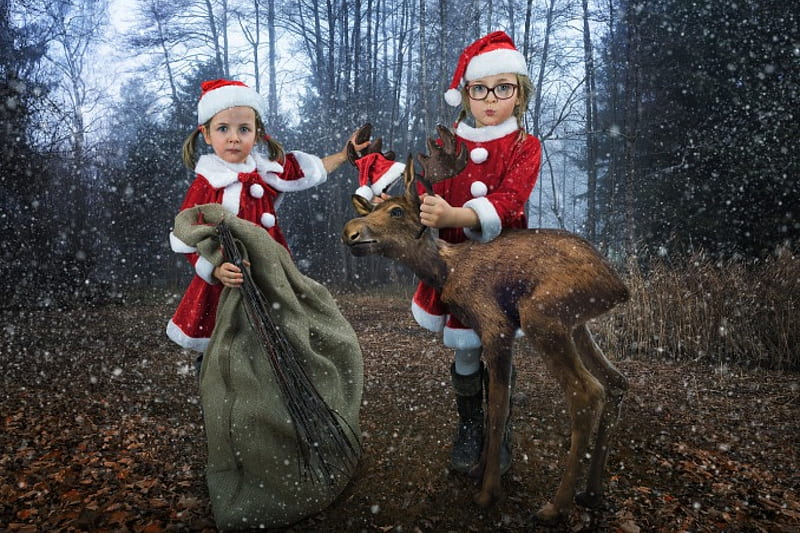 Santa's Little Helpers :), forest, girls, dress, deer, HD wallpaper